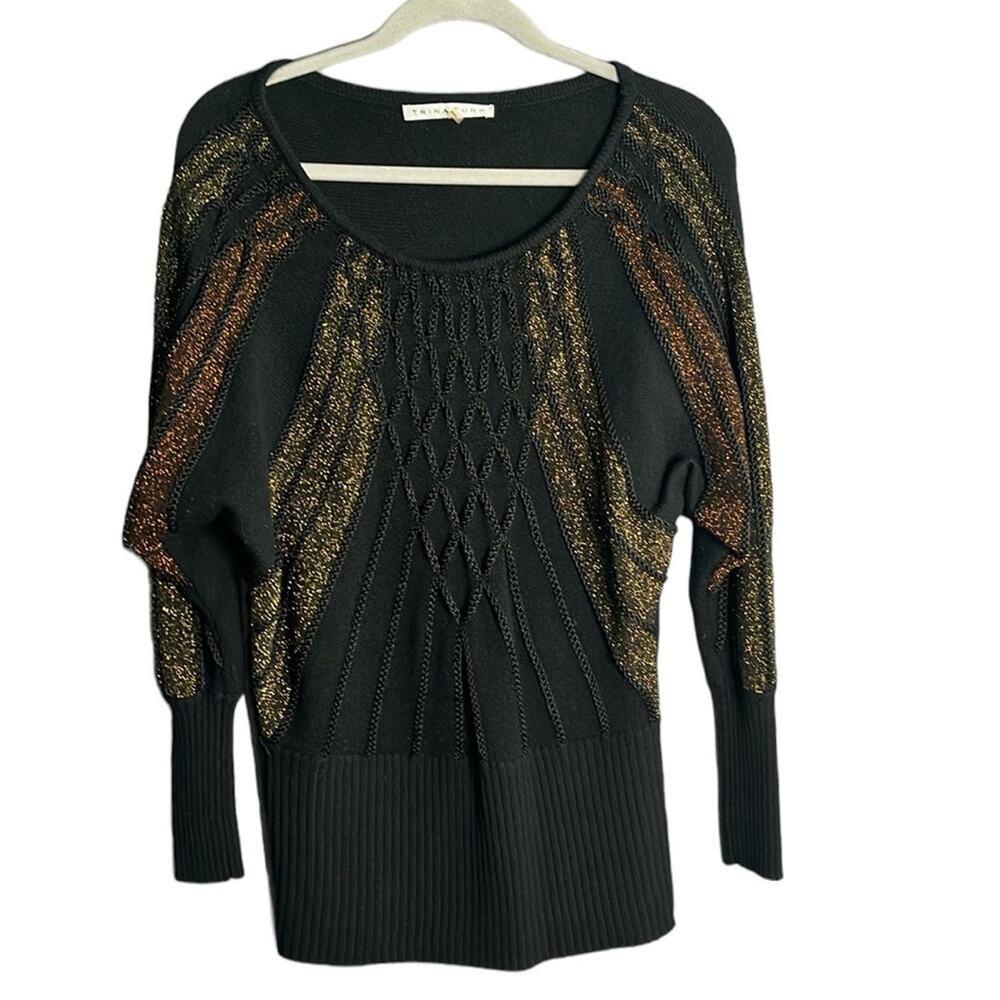 Trina Turk Black Sweater Gold and Rose Gold Metallic Dolman Sleeves Small